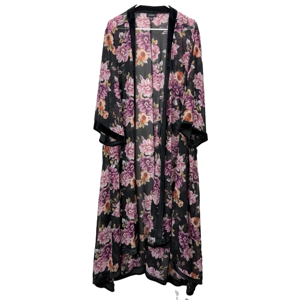 Torrid Pink Floral Black Velvet‎ Trim Chiffon Duster Open Kimono Boho Layers 4X - Picture 3 of 9